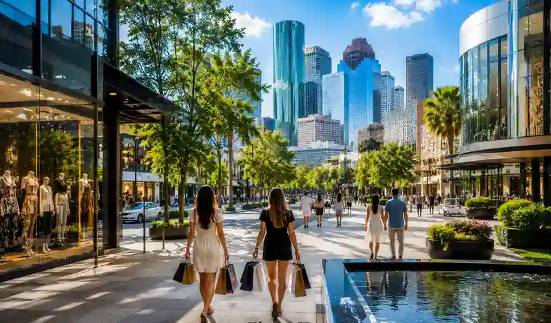 Visitors enjoying luxury shopping in Houston's premier retail district with designer boutiques and upscale shopping centers.